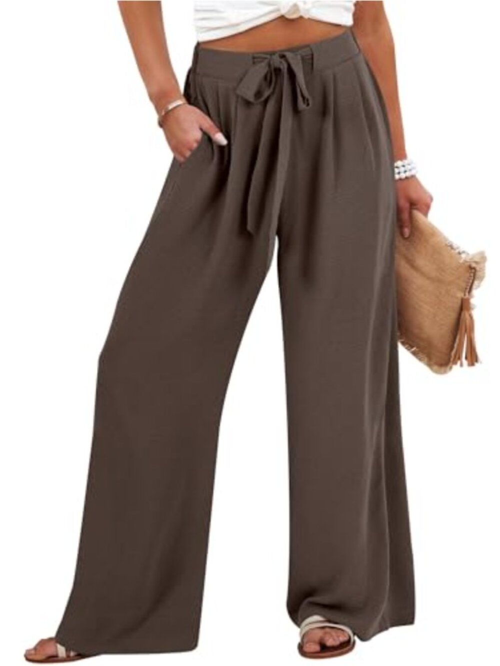 Wide Leg Palazzo Pants High Waisted Adjustable Tie Knot Flowy Trousers Casual